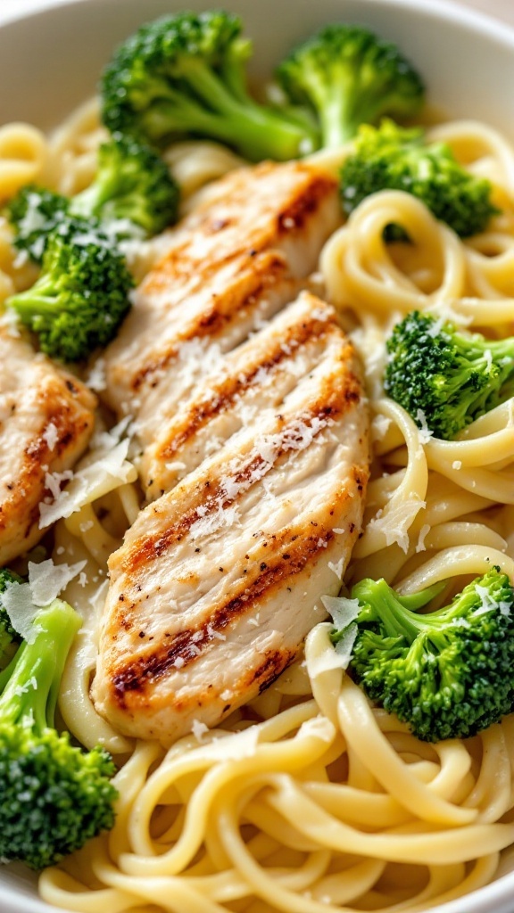 A plate of Chicken Alfredo with grilled chicken, broccoli, and fettuccine pasta