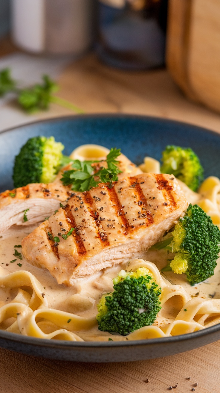 Plate of Chicken Alfredo Broccoli with grilled chicken and broccoli on fettuccine pasta.