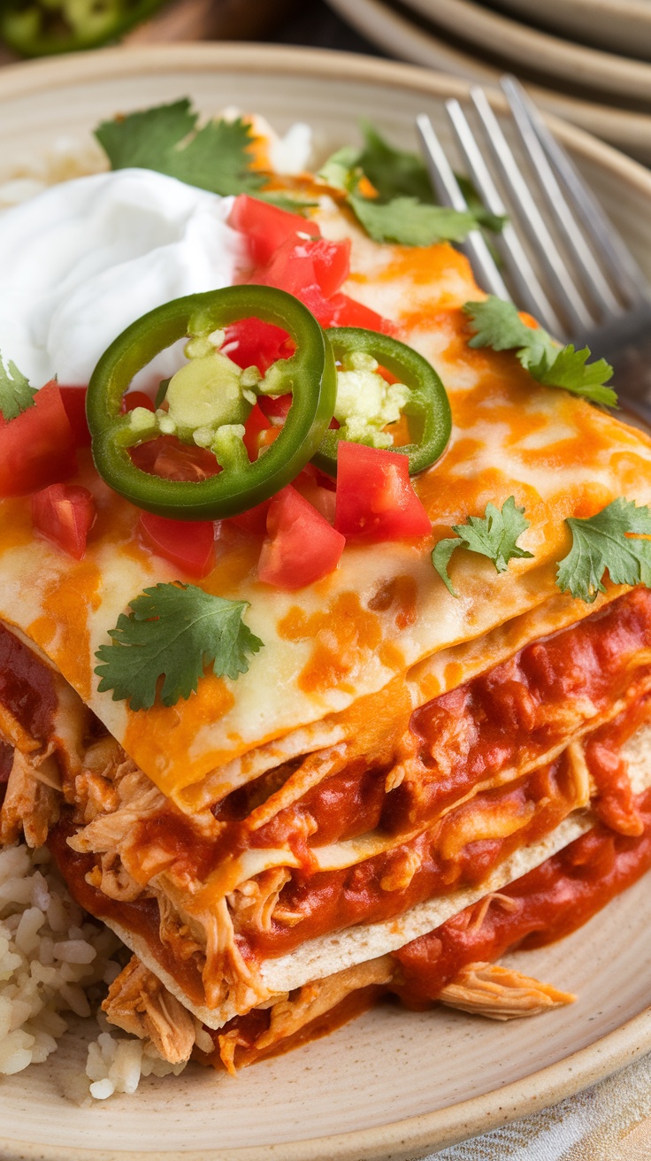 A delicious Chicken Enchilada Casserole topped with jalapeños, tomatoes, and cilantro.