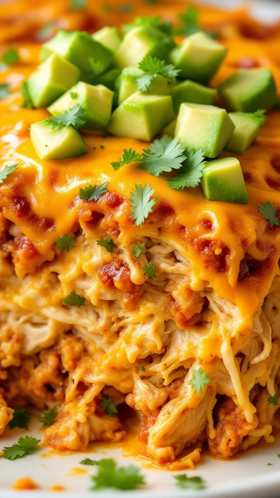 A close-up of a cheesy Chicken Enchilada Casserole topped with avocado and cilantro.