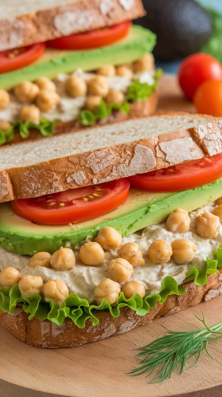 Chickpea tuna salad sandwiches with lettuce, tomatoes, and avocado on wooden plate