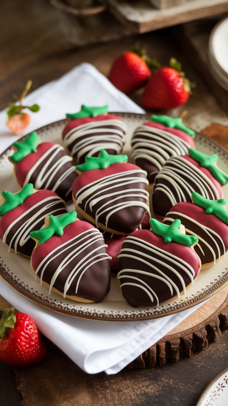 A plate of chocolate-dipped strawberry cookies decorated with icing, resembling strawberries, ready for Valentine's Day.