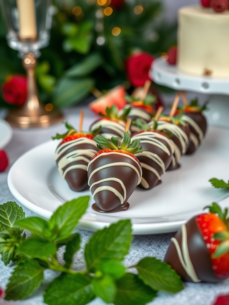 A plate of chocolate dipped strawberries decorated with white chocolate drizzle.