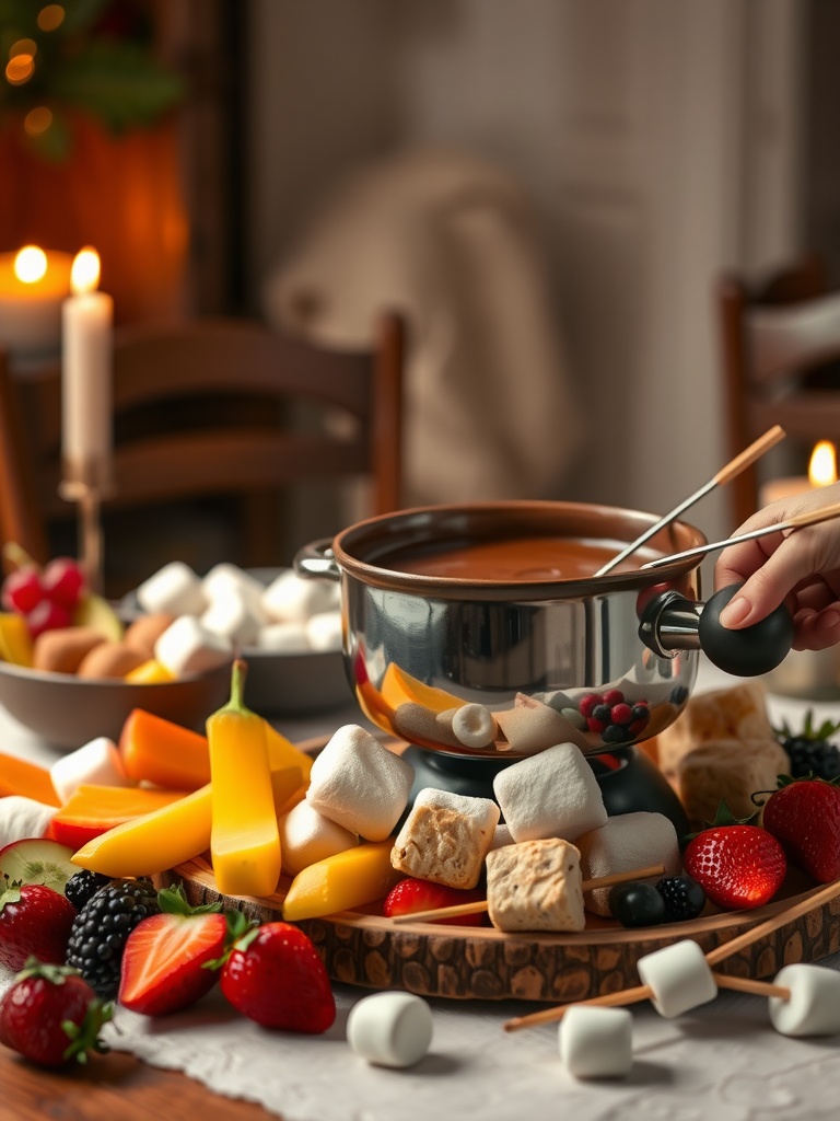 A cozy setup featuring a chocolate fondue pot surrounded by fruits, marshmallows, and treats for dipping.