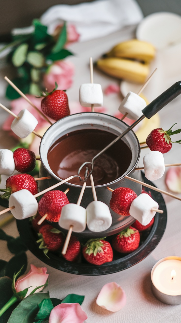 Chocolate fondue with strawberries and marshmallows for a romantic dessert.