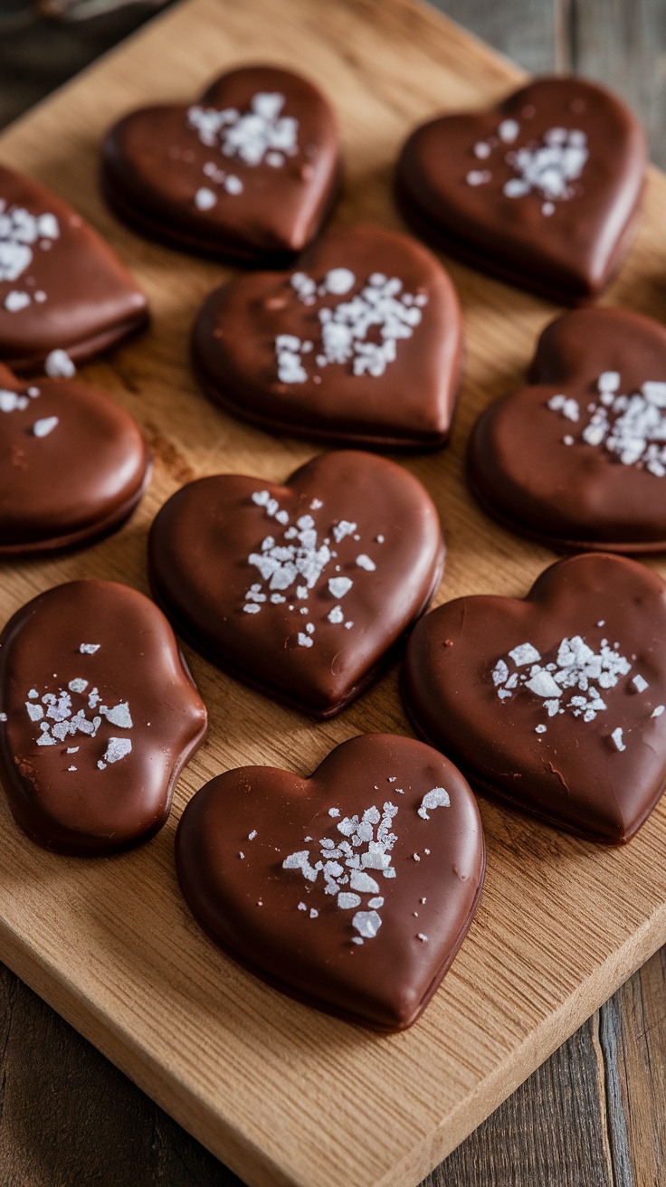 Chocolate heart cookies topped with sea salt on a wooden board