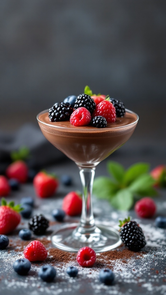 A delicious chocolate mousse topped with fresh berries, served in a glass.