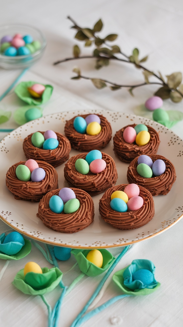 A plate of chocolate nest cookies decorated with colorful candy eggs.