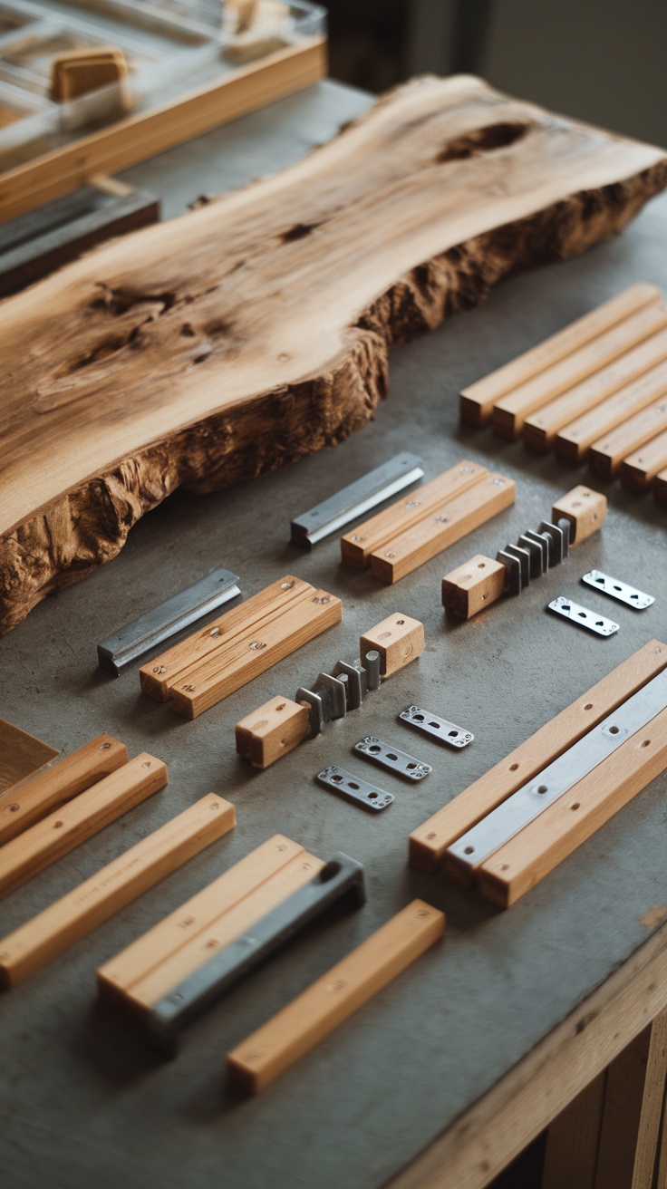 An assortment of wooden and metal materials laid out for DIY floating shelves.