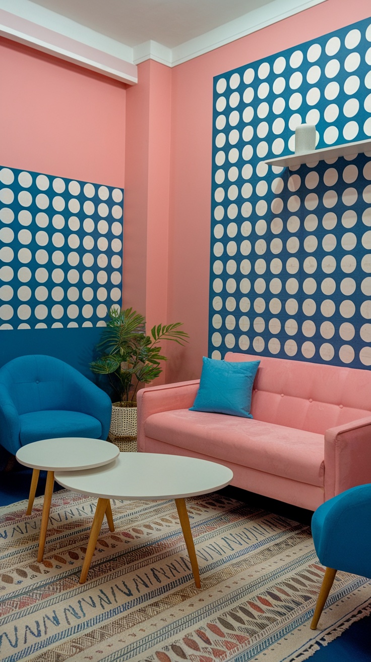 A vibrant living room featuring pink walls and blue furniture.