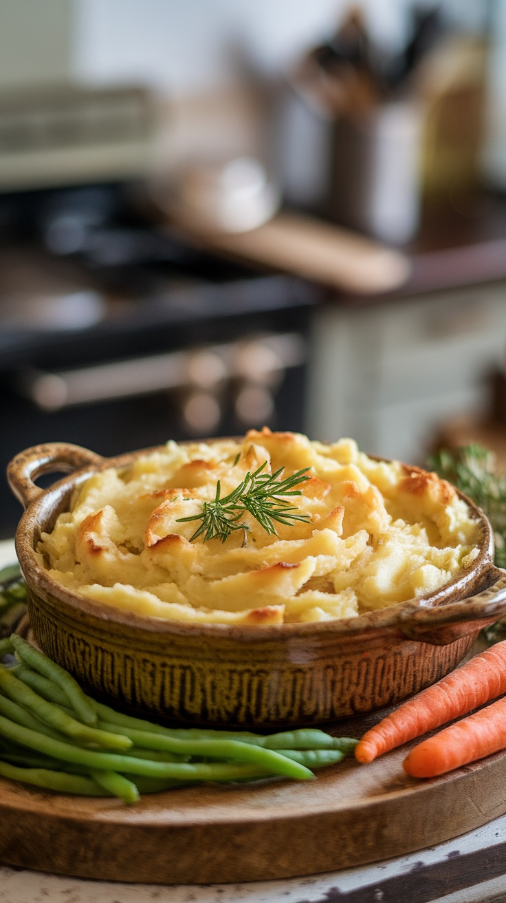 A delicious bowl of classic beef shepherd's pie, topped with golden mashed potatoes.