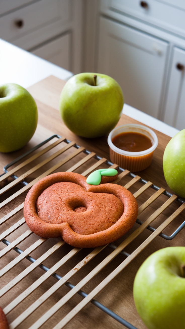 Candy apple cookies decorated with caramel sauce and fresh apples.