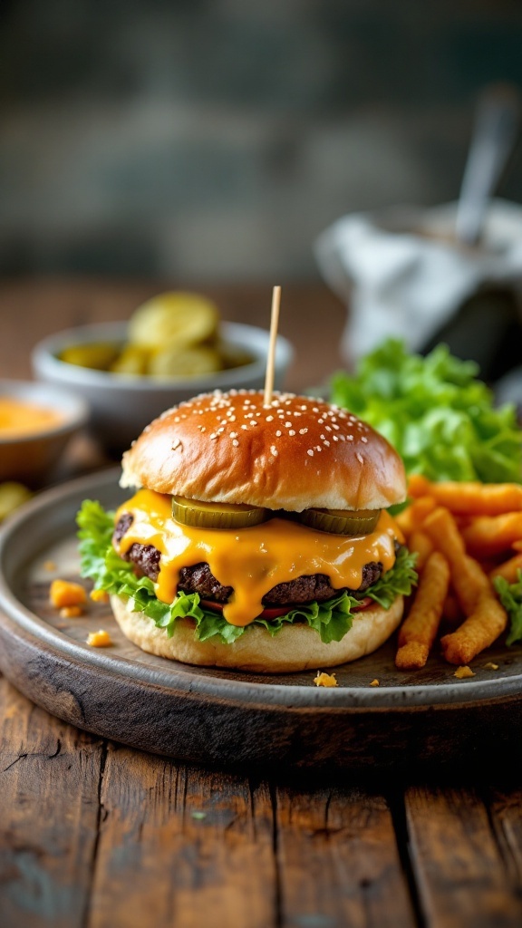 Delicious classic cheeseburger sliders on a plate with fries.