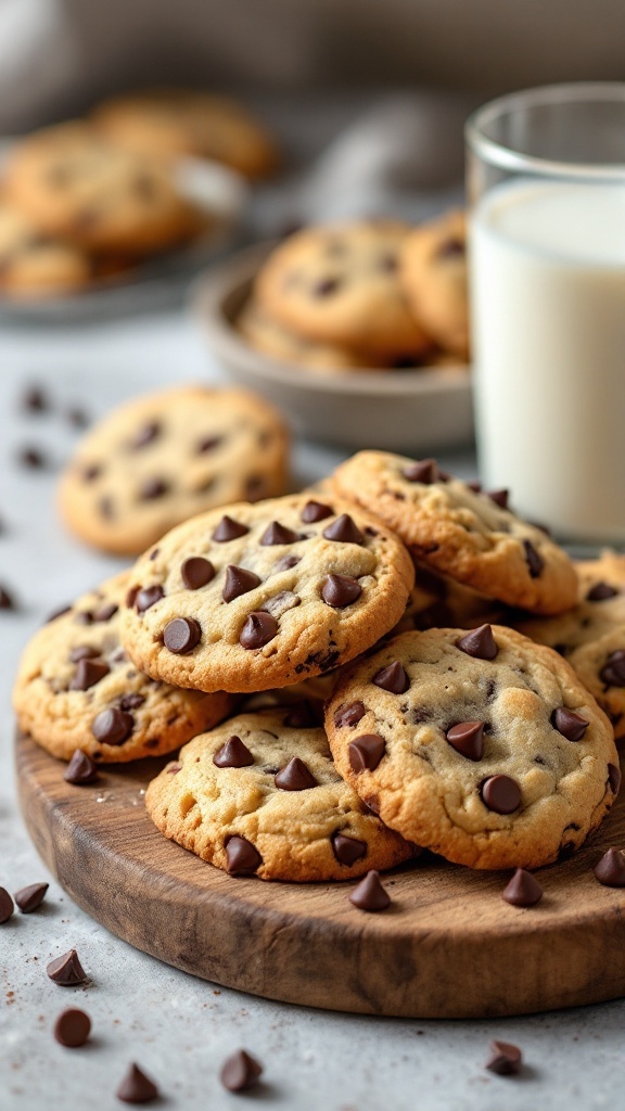 A plate of classic chocolate chip cookies with a glass of milk