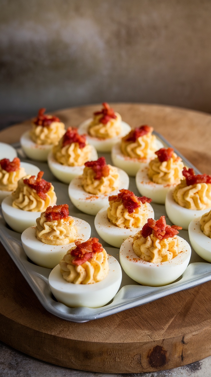 A tray of beautifully prepared deviled eggs topped with crispy bacon.