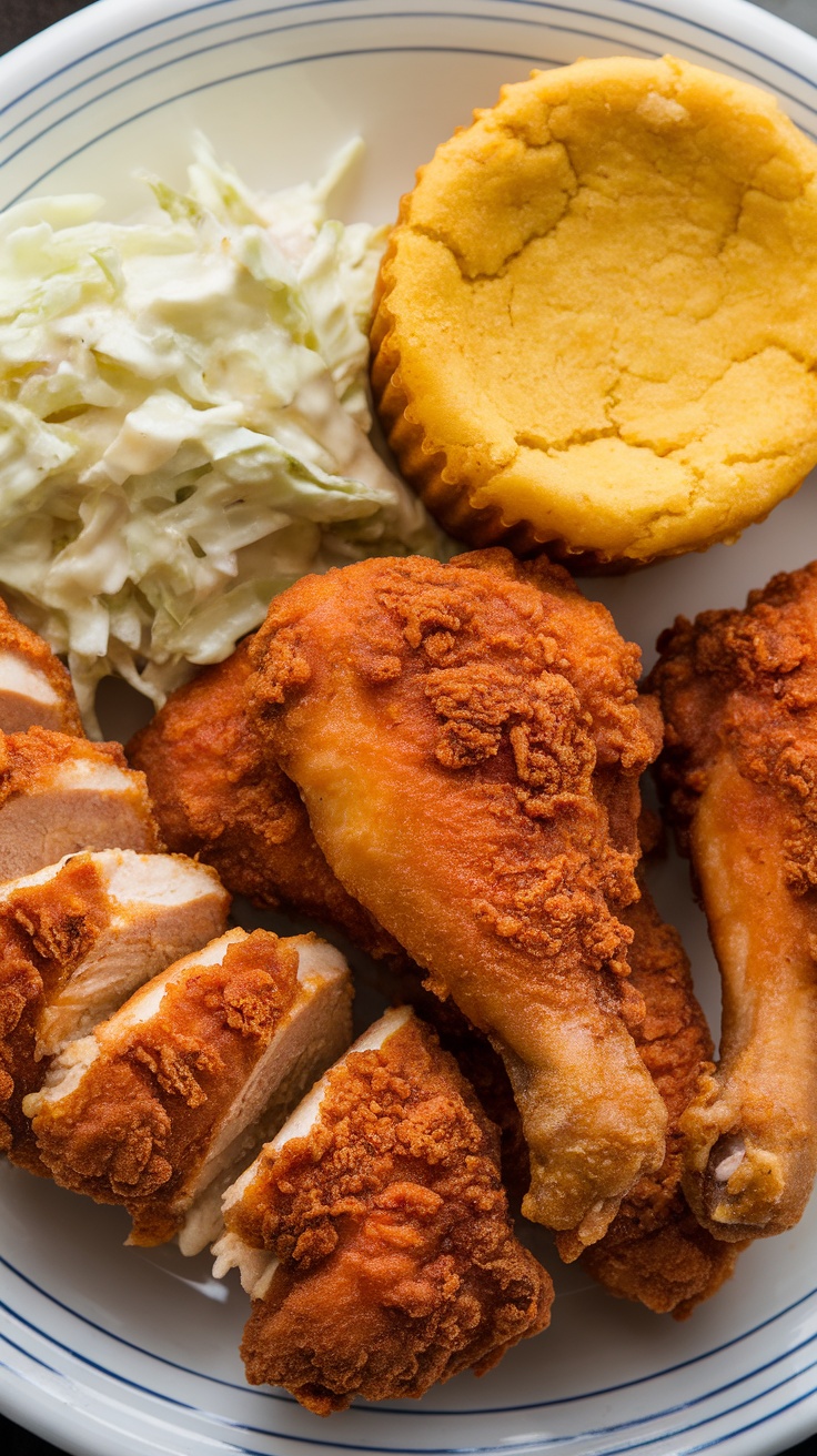 A plate of classic fried chicken with coleslaw and cornbread.