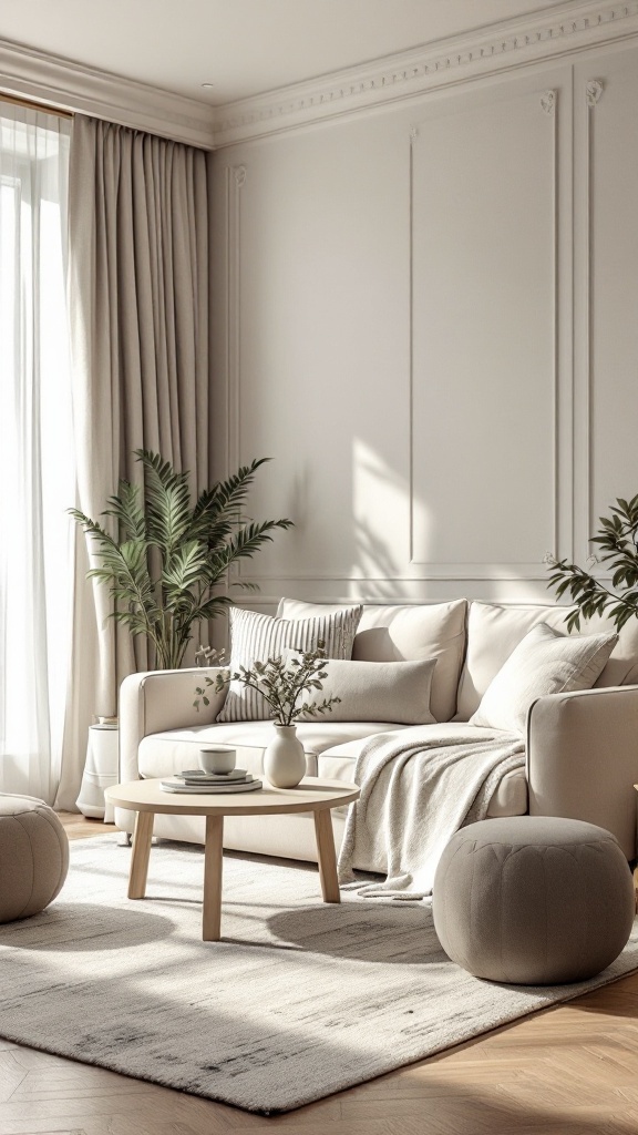 A cozy living room with neutral color palettes, featuring a sofa, coffee table, and plants, illuminated by natural light.
