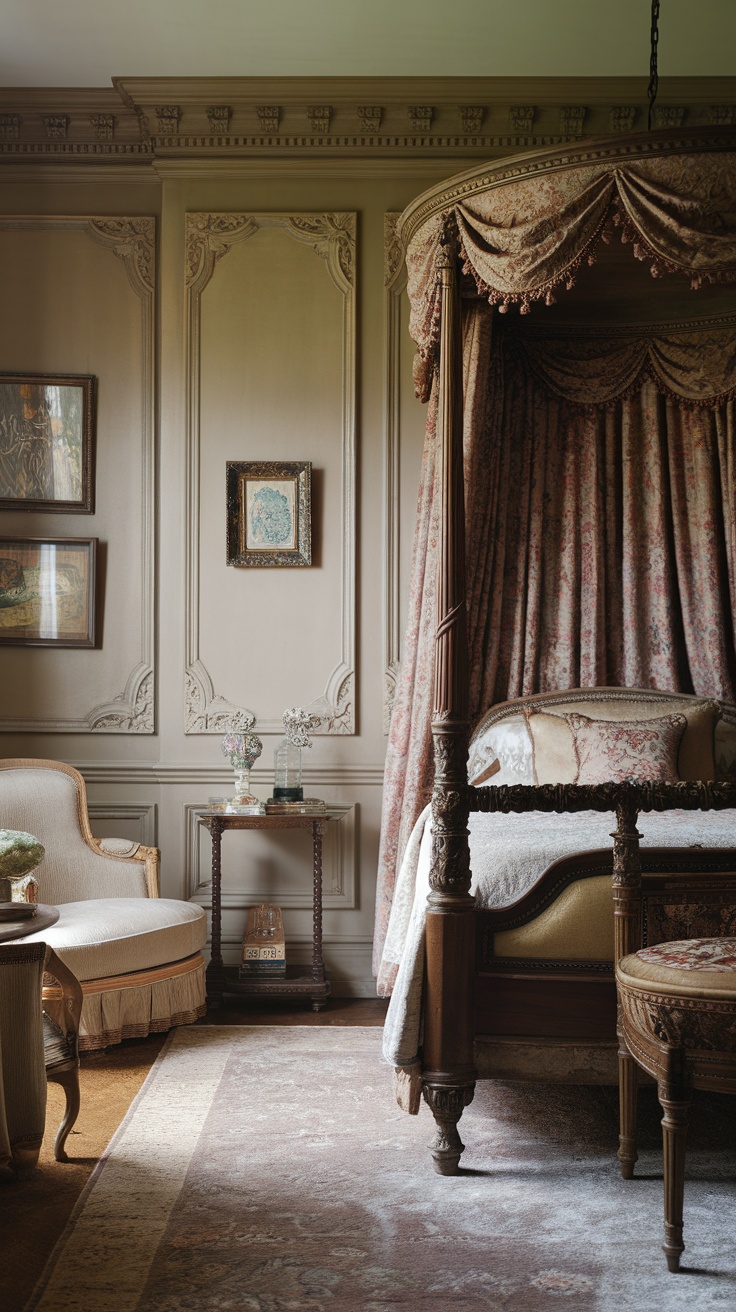 A beautifully designed bedroom featuring classic wainscoting and elegant furnishings.