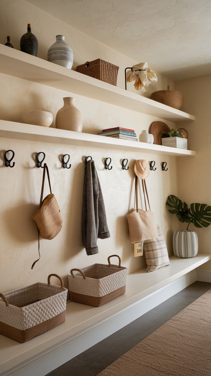 A modern entryway featuring shelves with decorative items and hooks for bags and jackets.