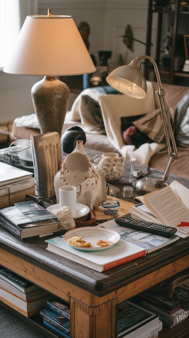 A cluttered coffee table filled with books, dishes, and decorative items, depicting a disorganized living room space.