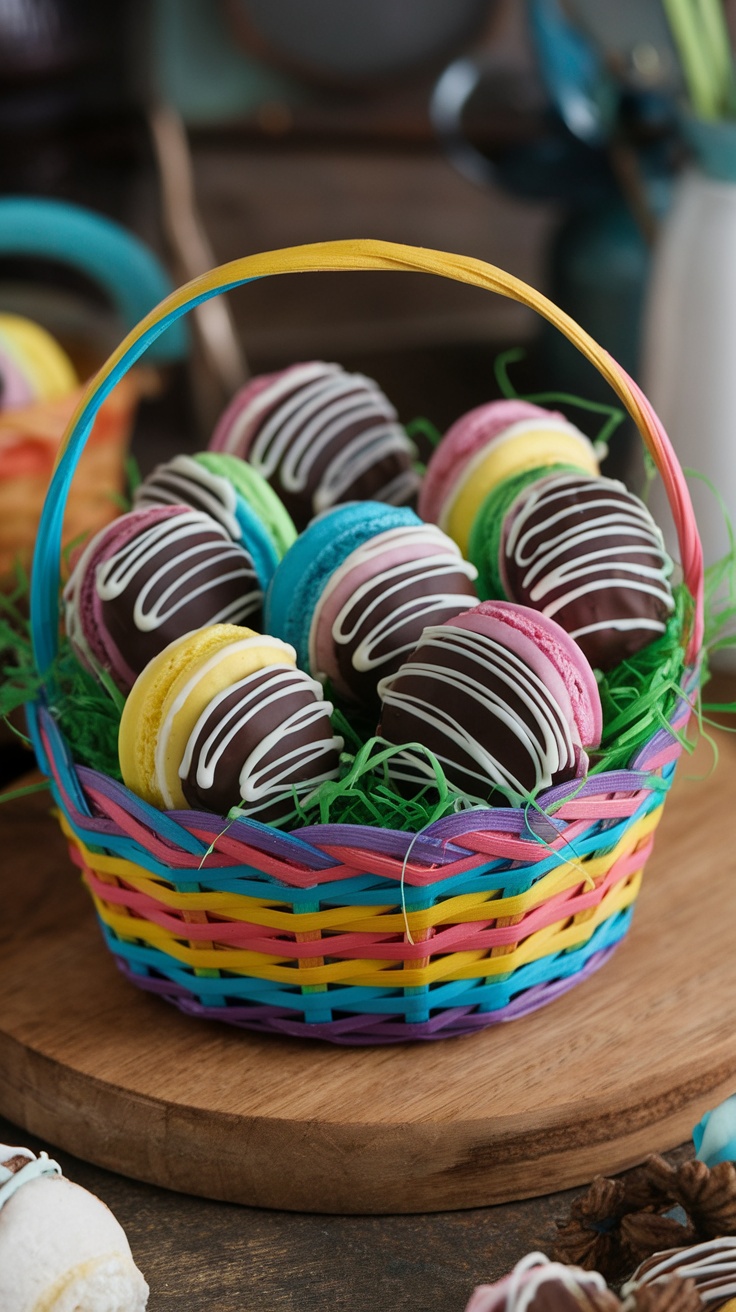 Colorful coconut macaroons in a basket, decorated for Easter.
