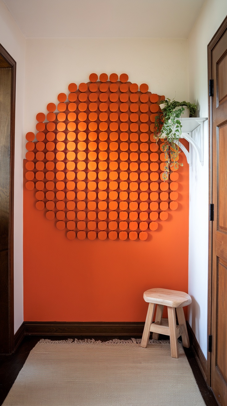 An entryway featuring a colorful orange accent wall made of circular discs, with a small plant on a shelf.
