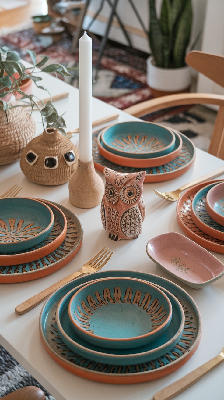 A beautifully arranged table with colorful ceramic dishes, an owl figurine, and natural elements.