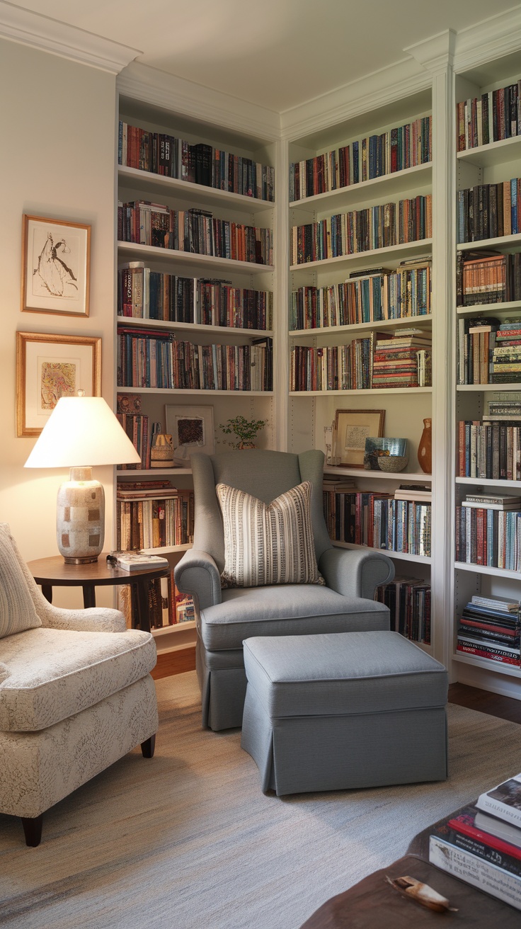 A cozy reading nook with a comfortable armchair, ottoman, and bookshelves filled with books.