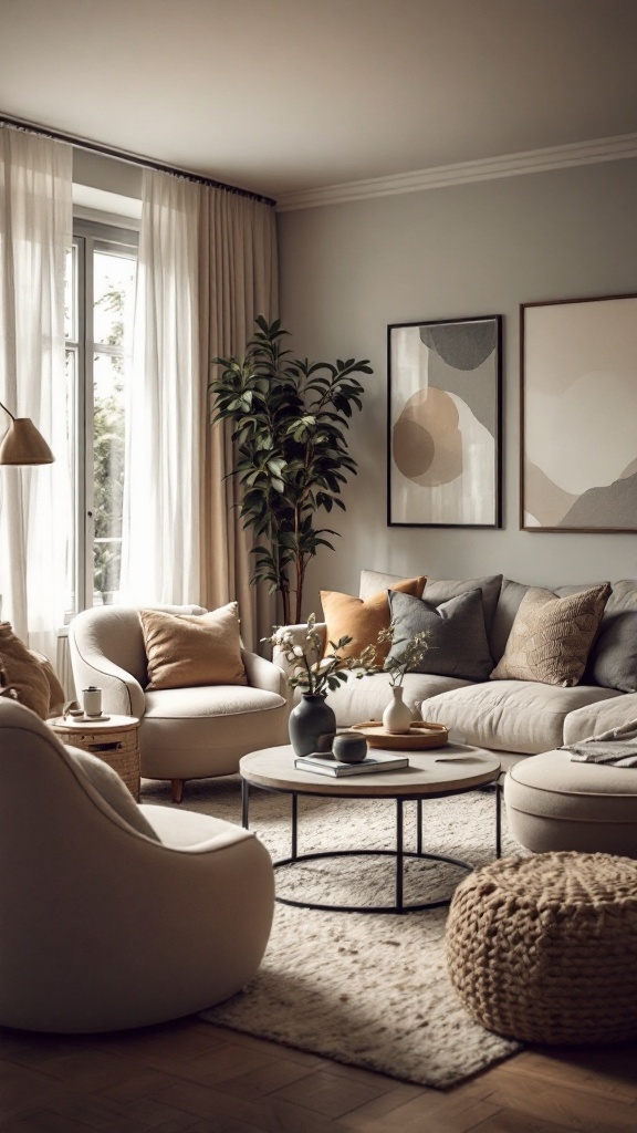 Cozy living room featuring a plush sofa, comfortable chairs, and a round coffee table, creating a warm and inviting atmosphere.