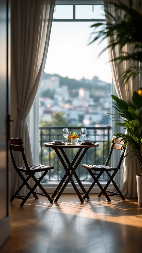 A cozy dining area in a small apartment with a round table and two folding chairs, featuring a view through a window.
