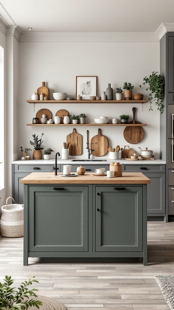 Stylish compact kitchen island with green cabinetry and wooden top, surrounded by open shelving with kitchenware and decorative items.
