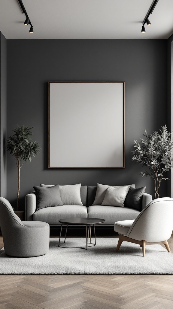 A stylish living room featuring charcoal grey walls, grey furniture, and indoor plants.