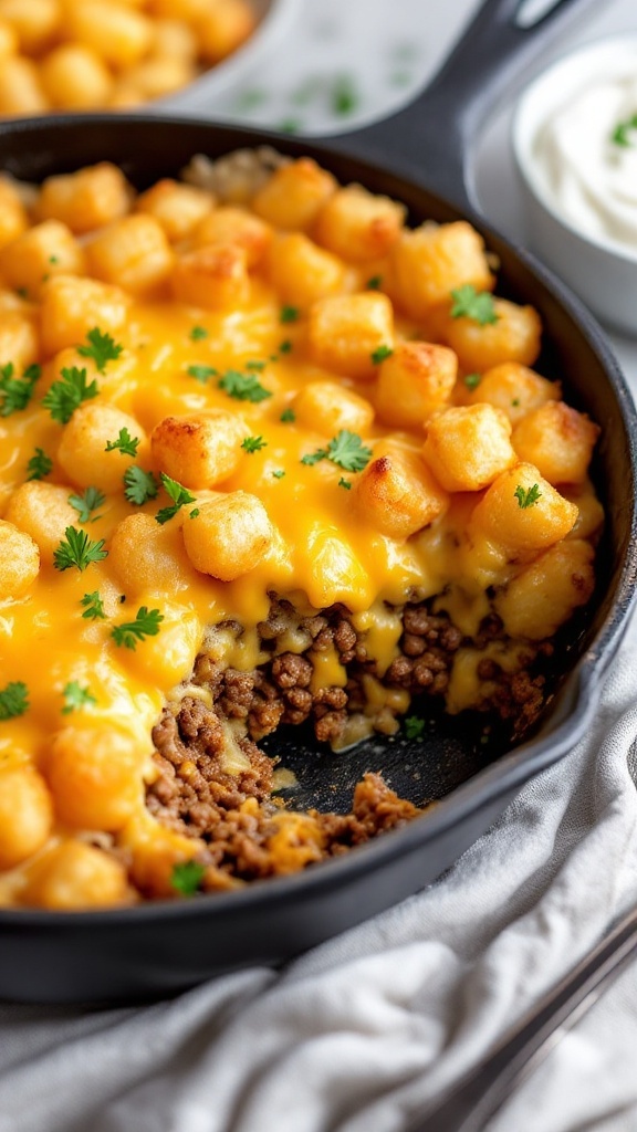A close-up of a Cowboy Casserole topped with tater tots and melted cheese in a skillet.