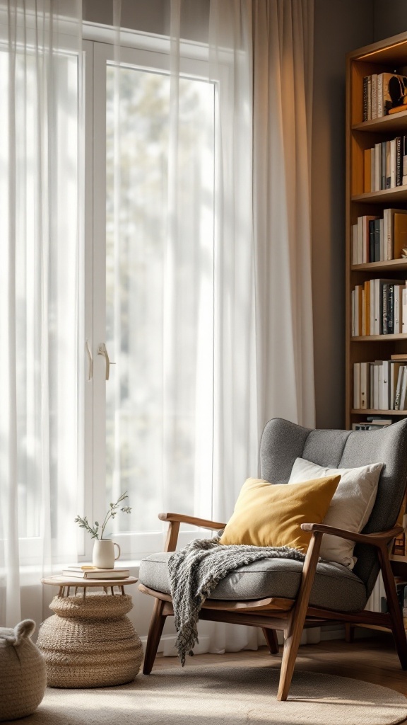 A cozy reading corner featuring a comfortable armchair, soft pillows, a small side table, and a bookcase filled with books.