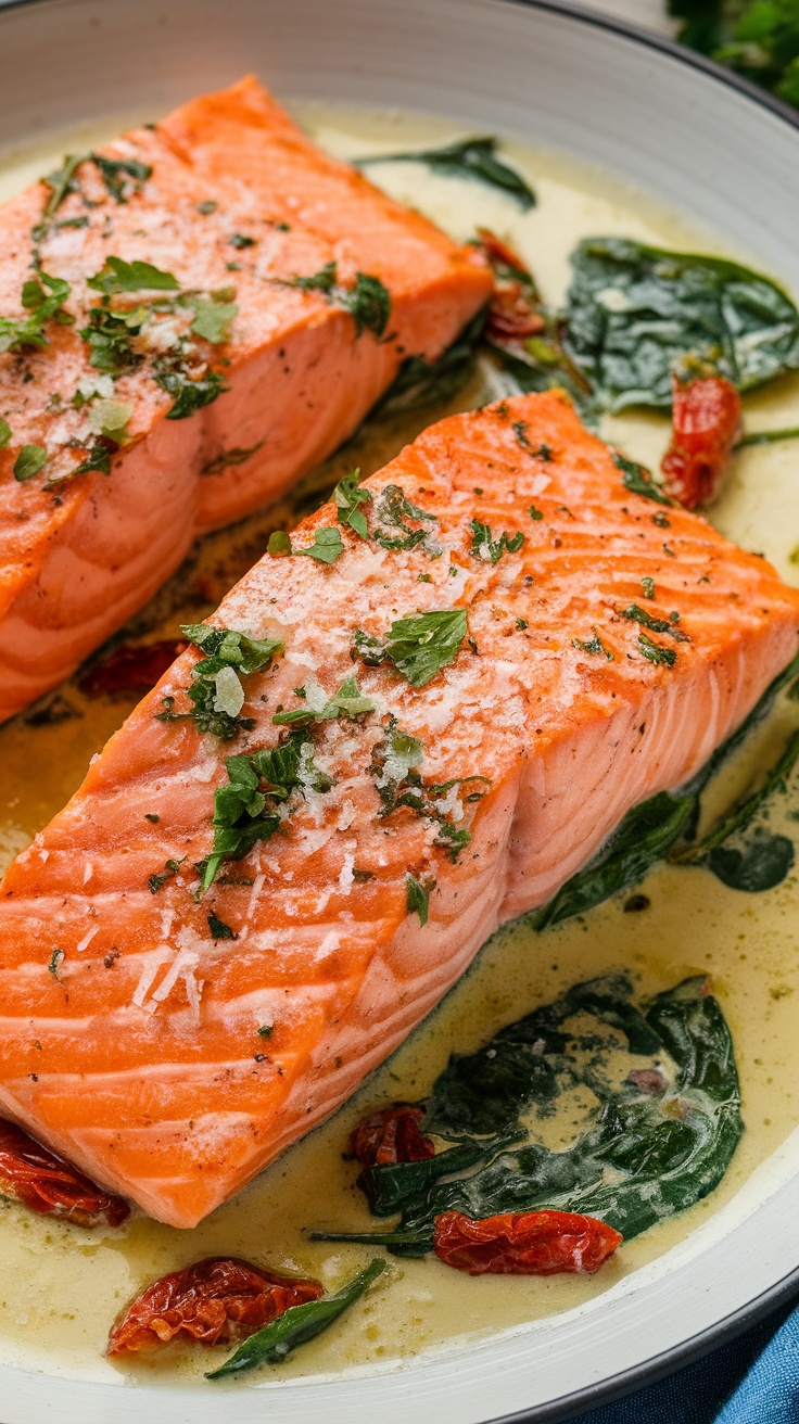 Creamy Garlic Butter Tuscan Salmon with spinach and sun-dried tomatoes