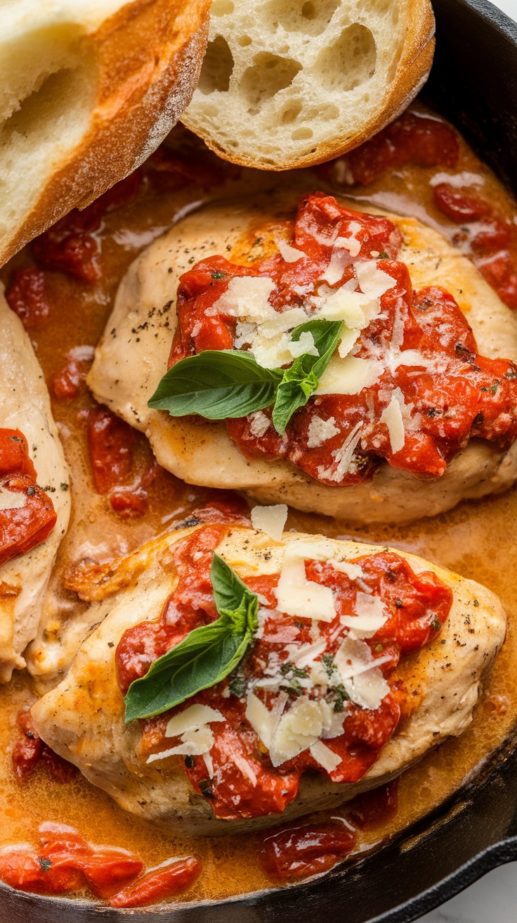Creamy sun-dried tomato chicken skillet with bread.