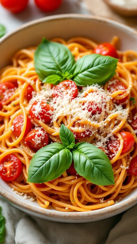 A bowl of creamy tomato basil pasta topped with fresh basil and grated cheese.