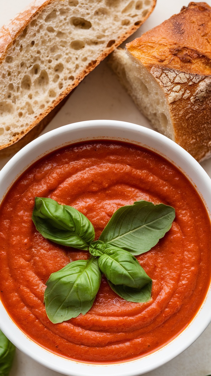 A bowl of creamy tomato basil soup garnished with basil leaves, alongside slices of crusty bread.