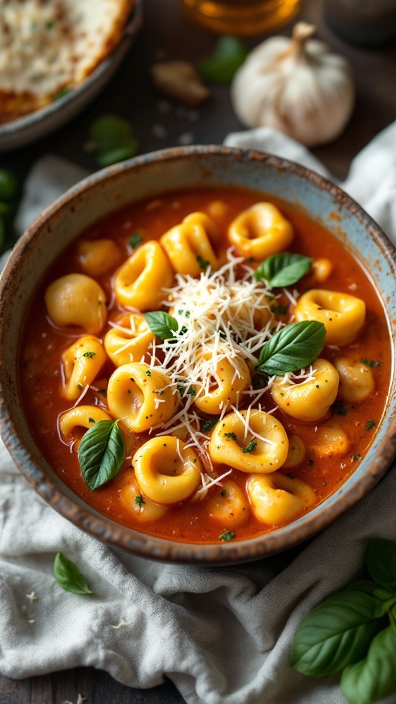 A bowl of creamy tomato tortellini soup with basil and cheese on top