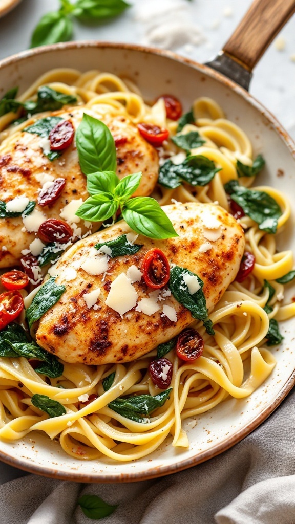 A plate of creamy Tuscan chicken served on fettuccine with spinach and sun-dried tomatoes.