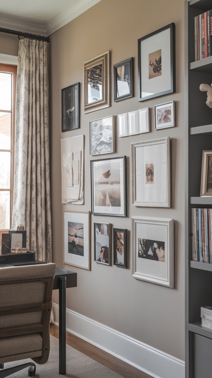 A gallery wall featuring a mix of framed artworks and photographs, arranged artistically on a beige wall.