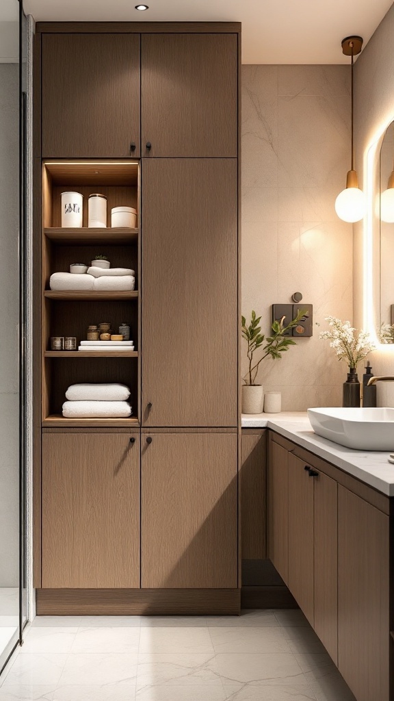 Stylish bathroom storage with wooden cabinetry and open shelves