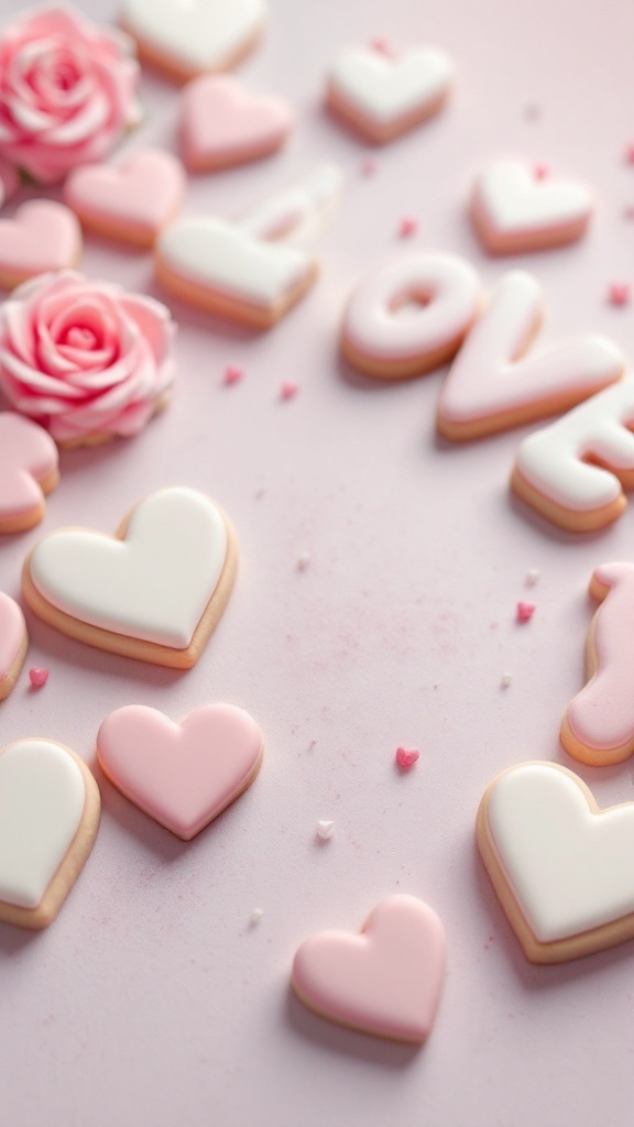 Decorated sugar cookies in heart and letter shapes with pink roses