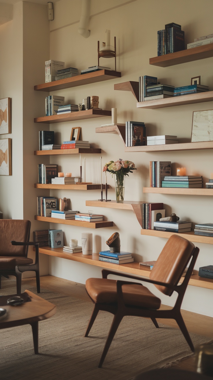 A cozy living room featuring floating wooden shelves filled with books and decorative items.