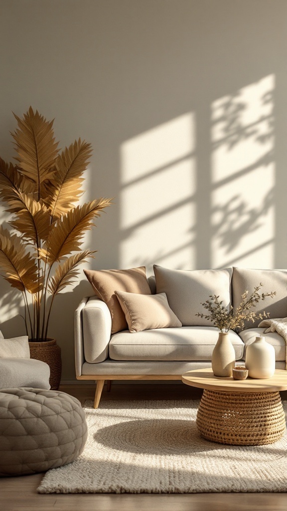 Cozy living room with a beige couch, pillows, and natural decor.