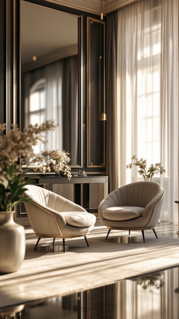 A cozy living area featuring stylish chairs and a large wall mirror reflecting light.