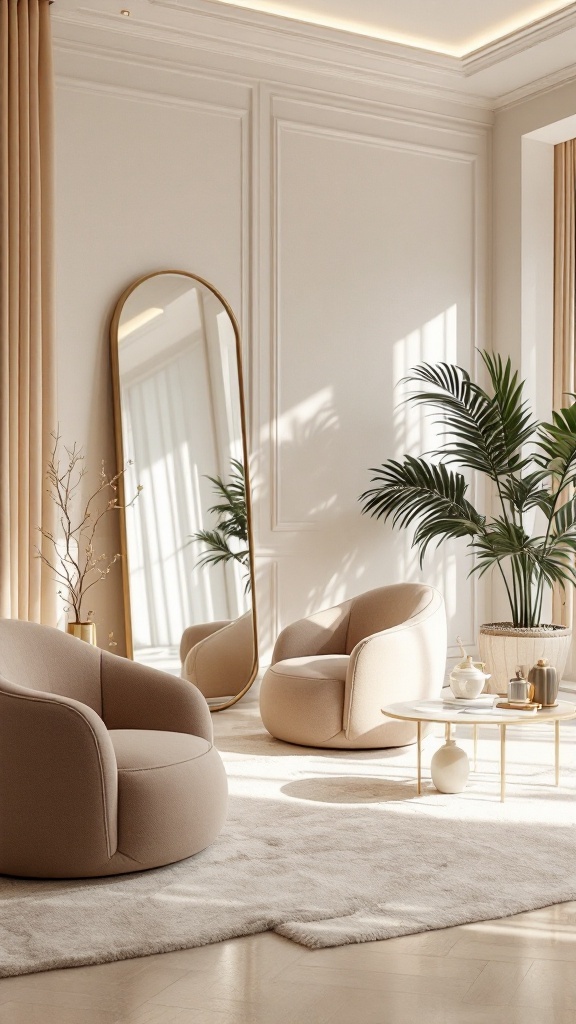 A cozy living space featuring a large mirror, comfortable chairs, and plants, showcasing elegant home decor.