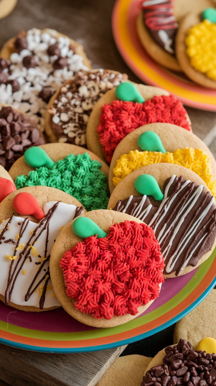 A colorful assortment of decorated cookies resembling candy apples.