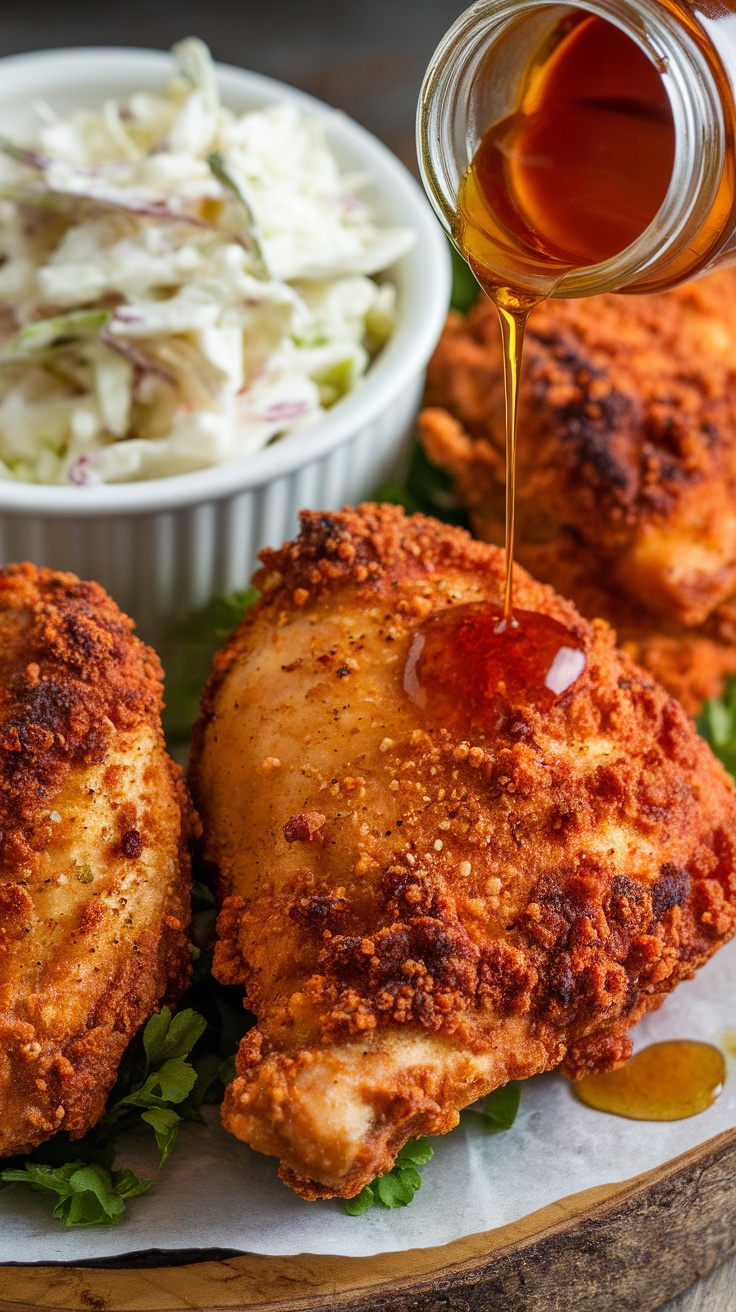 Crispy air fryer buttermilk fried chicken with coleslaw and syrup