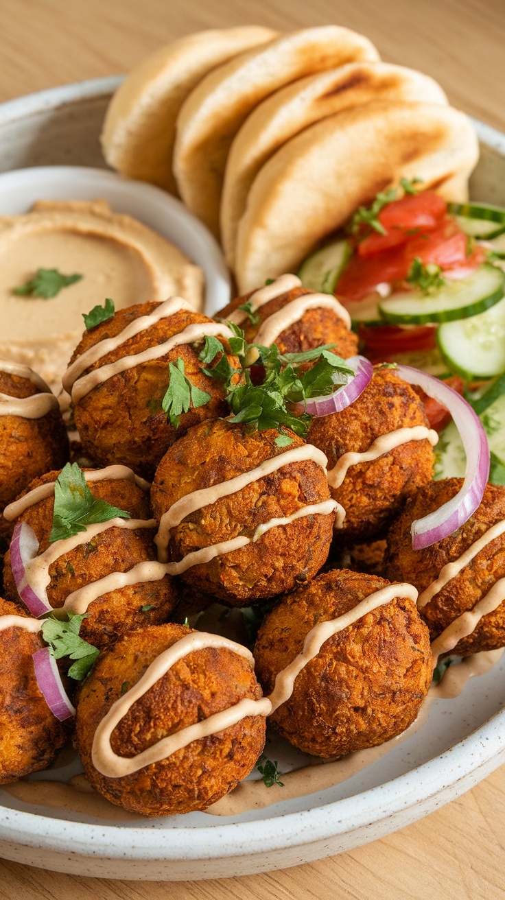 A plate of crispy baked falafel served with pita, hummus, and fresh vegetables.